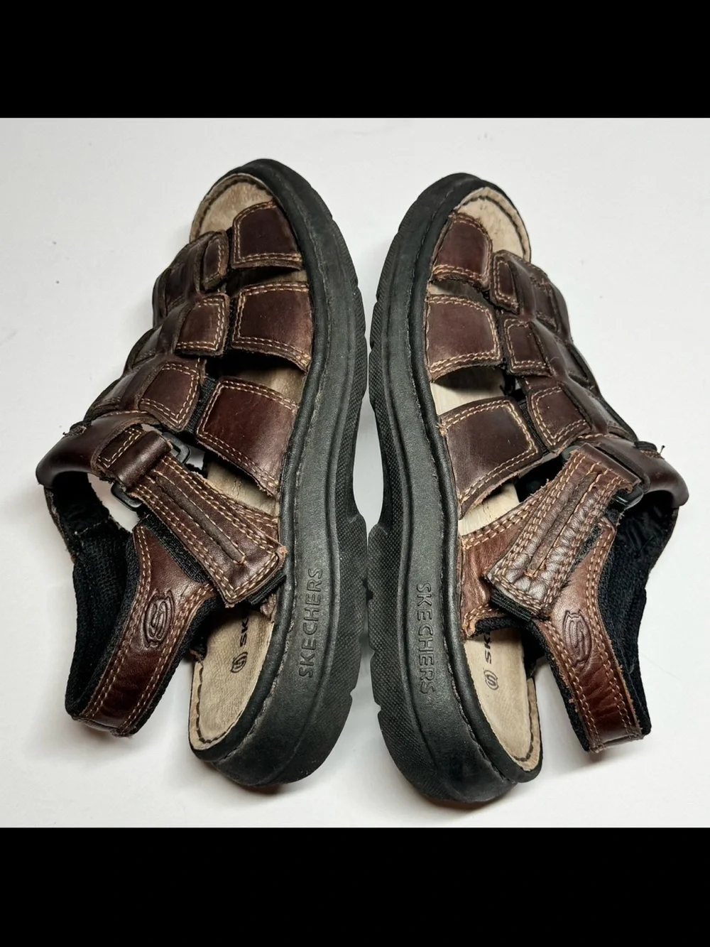 Vintage Skechers Kids Sz 5 Dark Brown Leather Fisherman-Style Sandals 90s